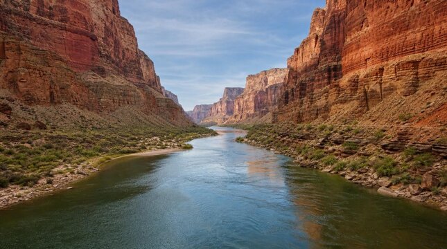 A calm river winds between towering red sandstone canyon walls under a blue sky, suited for adventure travel, geology, and desert tourism promotions.