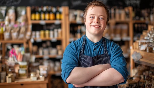 A cheerful young man with down syndrome in a work apron posing inside a cozy market. Concept of workplace diversity, social inclusion, human equality and fair employment.