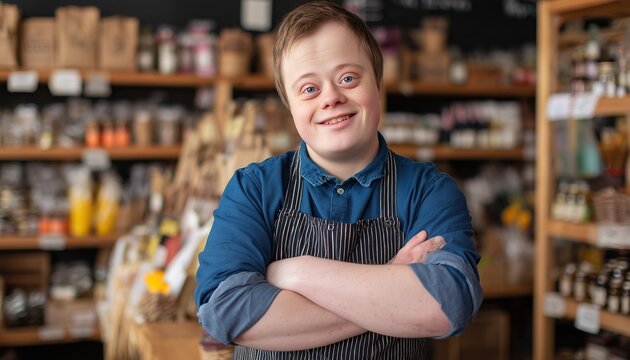 Portrait of a happy male shopkeeper with special needs standing with arms crossed in an organic store. Concept of professional success, independence and career growth.