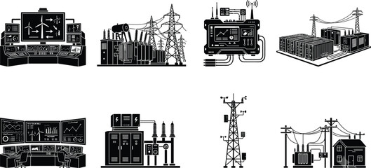 Obraz premium Smart Grid Control and Power Distribution Silhouette Icon Set with Energy Monitoring Systems