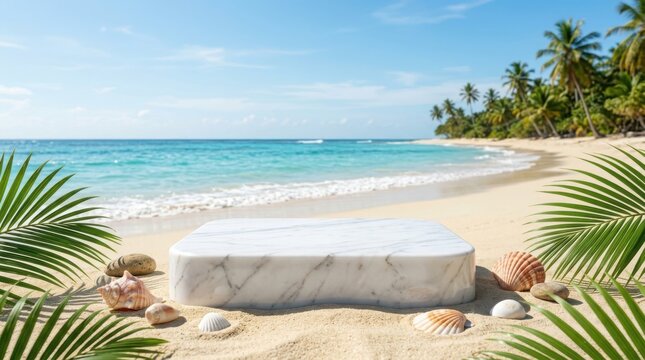 Minimalist marble podium for product showcase on white sand beach background surrounded by tropical palm leaves