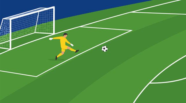 Soccer goalkeeper in yellow kit punting ball from goal box across green pitch, wide field lines and net, dynamic football vector illustration for sports training, match strategy and poster graphics