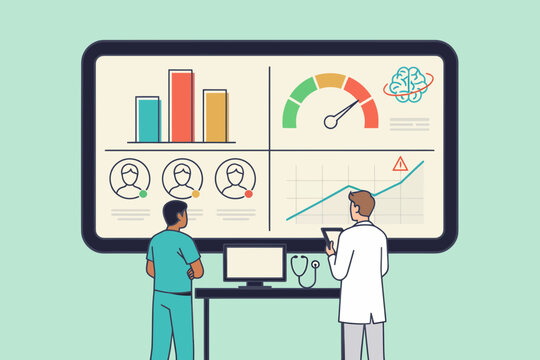 Professional medical researchers analyzing complex health data on a large digital dashboard featuring brain activity, performance gauges, and statistical bar charts