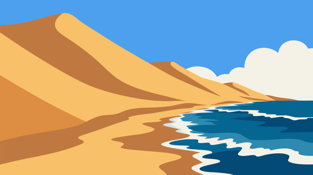 Golden desert dunes rising beside a wild blue ocean beach, sweeping coastal sand formations, foamy waves and clear sky creating dramatic remote travel landscape vector illustration