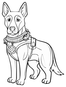 Brave superhero companion dog in a harness with an X symbol, a black and white coloring page illustration.