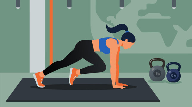 Determined athletic woman performing explosive burpees on textured rubber gym mat near cast iron kettlebells in modern fitness center, dynamic flat vector illustration with bold colors for workout