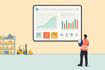 Obraz premium Logistics warehouse management illustration showing a worker in safety gear analyzing performance data on a large digital dashboard screen with charts and graphs