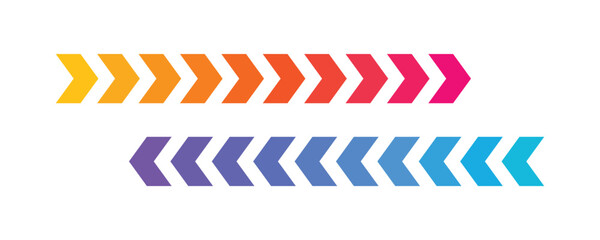 Obraz premium Two rows of chevron arrows in a gradient of warm and cool colors moving forward on white background concept for progress and direction