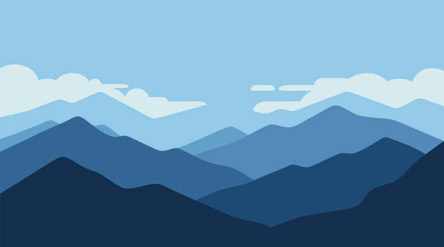 Layered paper cut mountain ranges fading into carefully graded blue tones, tranquil vector landscape with soft clouds, atmospheric depth, minimalist peaks and serene panoramic horizon