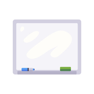 Whiteboard with framed writing surface, lower tray, marker, and rectangular eraser, reusable board for teaching, planning, meetings, and office notes, colorful illustration