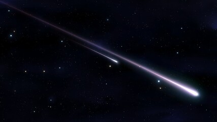 Meteors in the atmosphere. Star trails in the sky. Falling fireballs isolated. Shooting stars on a dark background. © Nazarii