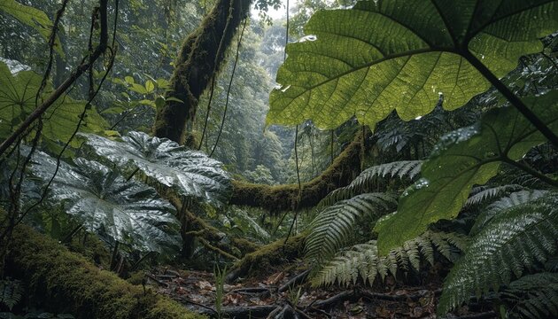 Lush rainforest understory after fresh rain, with giant glossy leaves, mossy vines, dripping ferns, wet forest floor, and soft humid light revealing dense tropical wilderness habitat