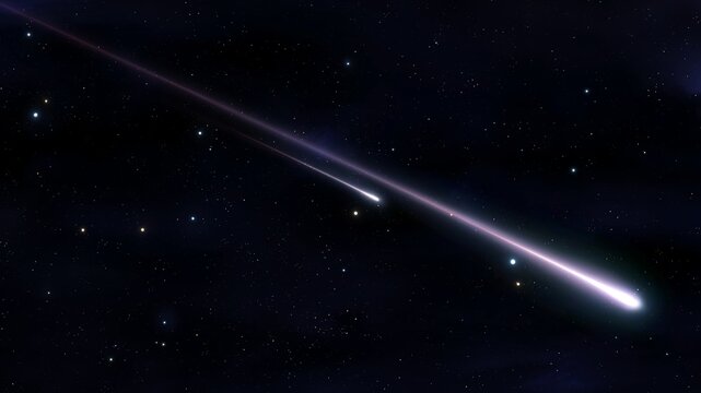 Meteors in the atmosphere. Star trails in the sky. Falling fireballs isolated. Shooting stars on a dark background.