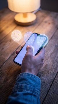 Person giving online feedback using smartphone with glowing emotional icons
