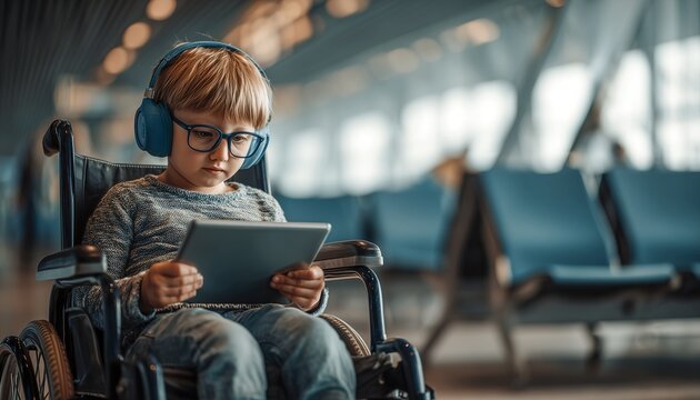 A neurodivergent child in blue noise canceling headphones focuses on a digital device in a transit hub lounge. Concept of autism awareness, sensory processing, and travel support.