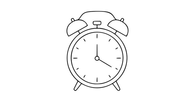 Clean black and white line art vector icon showing a simple alarm clock face with bells, useful for deadline reminders, lesson plans, and organizer designs.
