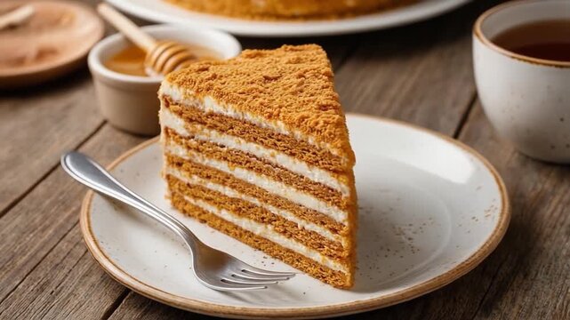 Layered honey cake slice with creamy filling served on a white plate beside tea, showcasing a traditional homemade dessert in a cozy caf&eacute; setting.