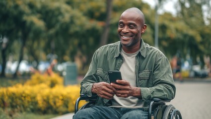 Fototapeta premium A middle aged black male professional looks away thoughtfully while holding his phone in a wheelchair outdoors. Concept of mature active lifestyle and digital inclusion.