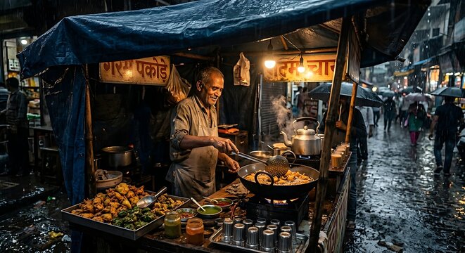 Indian Street Food Vendor Frying Pakoras at Night Market in Rain