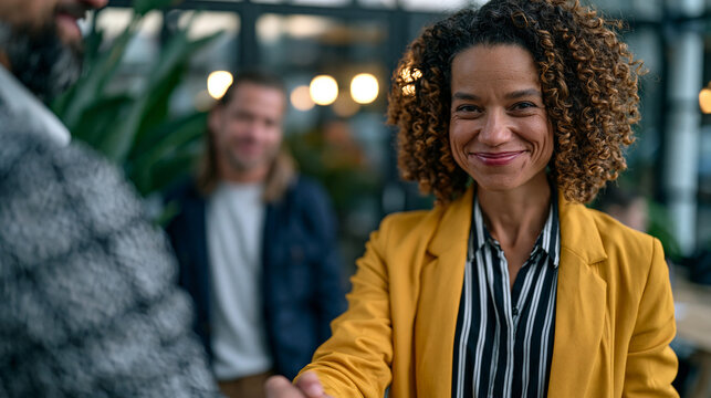 Young professional freezing mid-handshake after a colleague makes an offhanded comment about her accent in front of clients, microaggression moment, office setting, workplace belonging, cultural ins