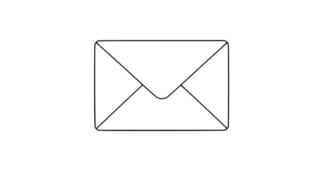 Clean black and white line art vector icon of a simple mail envelope, suited to email links, contact pages, delivery notices, and office materials.