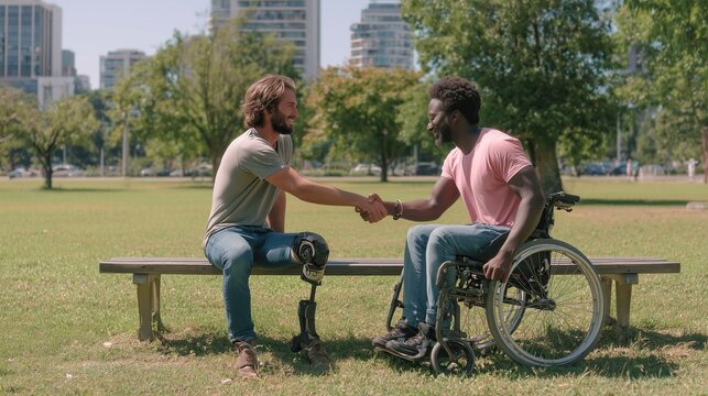 A young man with a prosthetic leg sits on a park bench, greeting his black friend in a wheelchair on a green lawn against a city skyline. Concept of adaptive lifestyle and inclusion.