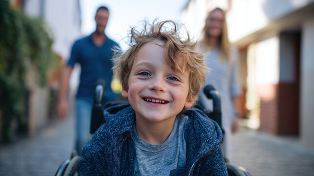 A cheerful young child in a blue hoodie looks at the camera while his mother and father walk behind him on a sunny street. Concept of inclusive childhood and family love.