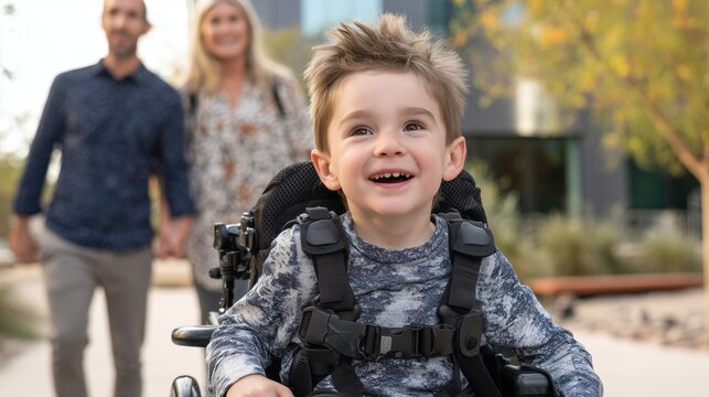 A joyful little child laughs looking ahead while his mother and father walk close behind him on a sunny park walkway. Concept of early intervention and happy supportive parenthood.