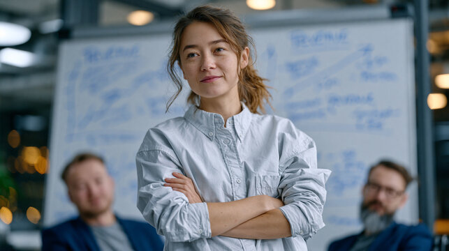 Confident female founder presenting hand-drawn revenue projections on a whiteboard to skeptical angel investors in a sleek high-rise conference room, her posture assertive and focused, embodying ent