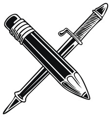 Fototapeta premium Pencil and Bayonet Crossed Symbolizing Power of Words and Might