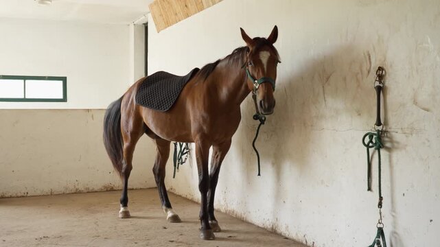 Domestic horse with a saddle pad standing inside a livestock stable barn stall. An equestrian animal tied to a white wall waiting for a ride on a countryside ranch or competitive sports club.