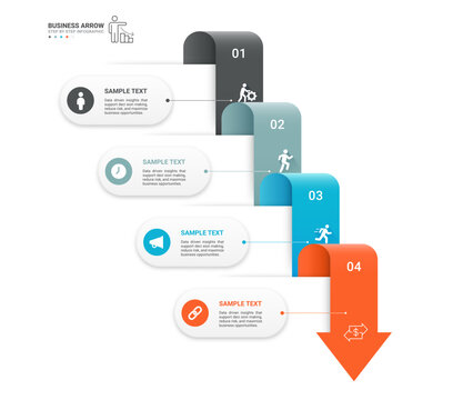 Business Arrow Down Infographic Template Background with Four Steps, Workflow Timeline, Process Diagram, Modern Vector Design