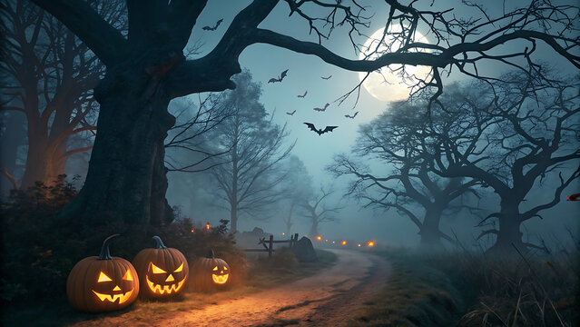 Eerie Halloween night path in a foggy forest with carved glowing pumpkins and full moon background