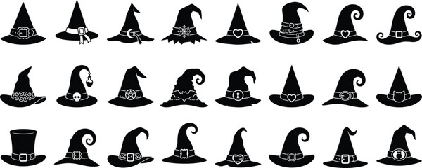 Witch hat silhouette set for halloween wizard magic cap design © Abdur