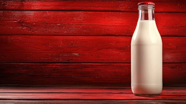 Glass Bottle of Fresh Milk on Rustic Red Wooden Background