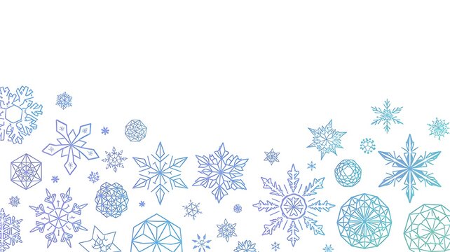 Blue snowflake border design with elegant winter ice crystal decorations on white background and copy space