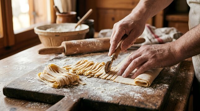 Hands cut fresh pasta dough with a fluted wheel on a flour-dusted wooden board, ideal for rustic cooking, Italian cuisine, and artisan food marketing.