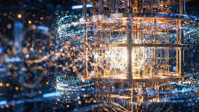 Abstract visualization of quantum science with glowing particles, energy waves and futuristic computing structures representing quantum mechanics, data processing and advanced technology.