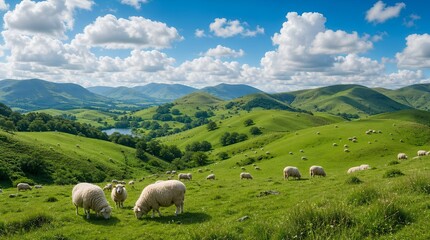 Obraz premium Sheep graze across rolling green hills under dramatic cumulus clouds, a pastoral countryside scene suited to travel, farming, and nature promotion.