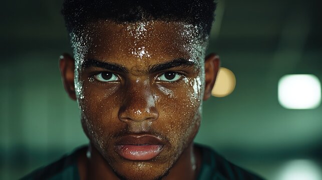 Portrait of a Sweaty Athletic Young Man Looking Intense