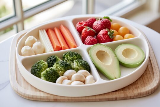 Baby led weaning with steamed vegetables, avocado, and soft fruit on a tray, showing healthy infant self feeding in natural daylight