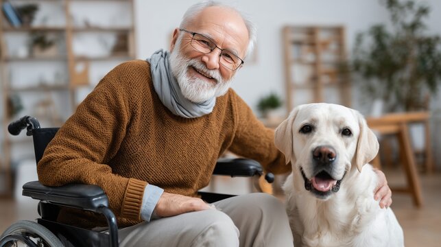 A happy senior gentleman with glasses and a beard sits in his wheelchair next to a calm yellow retriever dog indoors. Concept of active retirement, assistive support pets, and wellness.