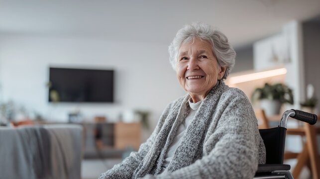 A joyful mature lady with short white hair and a warm smile looks up from her wheelchair inside a bright room. Concept of optimistic aging, vitality, and professional senior nursing.