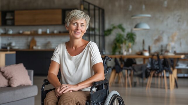 A cheerful disabled mature lady sits in a wheelchair inside a stylish open plan kitchen and living room. Concept of home adaptation, accessible environment, and inclusion.