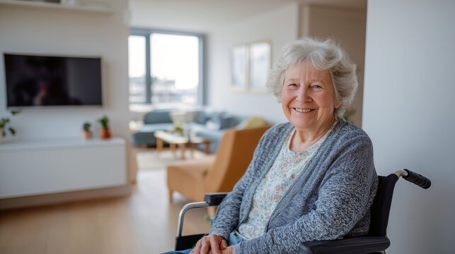 A close up portrait of a happy smiling senior lady in a blue patterned top sitting in her wheelchair in a bright flat with a big window and TV zone. Concept of digital home environment.