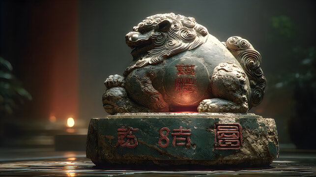 Mystical temple guardian ancient stone face glowing sacred relic artwork Images
