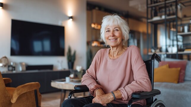 A stylish elderly lady in a pink sweater smiles warmly at the camera from her wheelchair in a contemporary living room. Concept of optimistic aging and accessible home design.