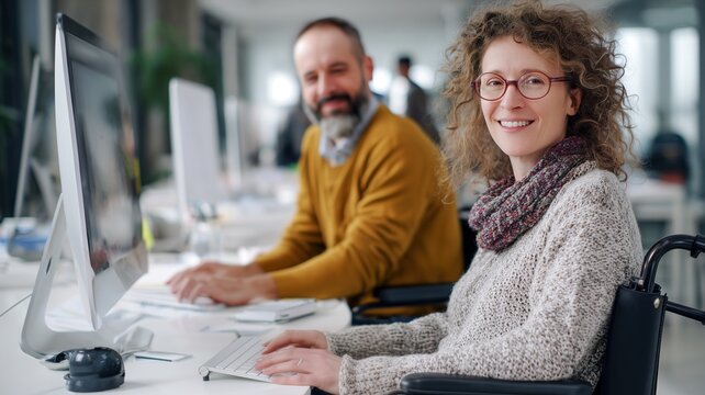 A cheerful female employee in a wheelchair and glasses smiles at the camera while working at a modern office computer desk. Concept of inclusive hiring and tech careers.