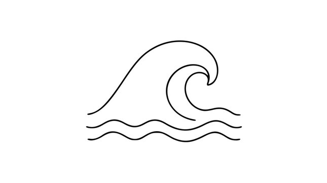 Clean black and white line art vector icon of a curling ocean wave, suited for surf branding, coastal guides, travel layouts, or marine themes.