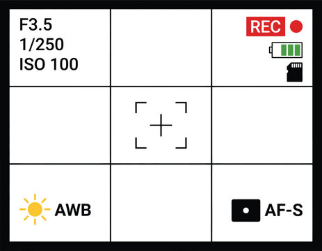 Camera viewfinder overlay with aperture shutter speed i s o settings and recording indicator on a grid background